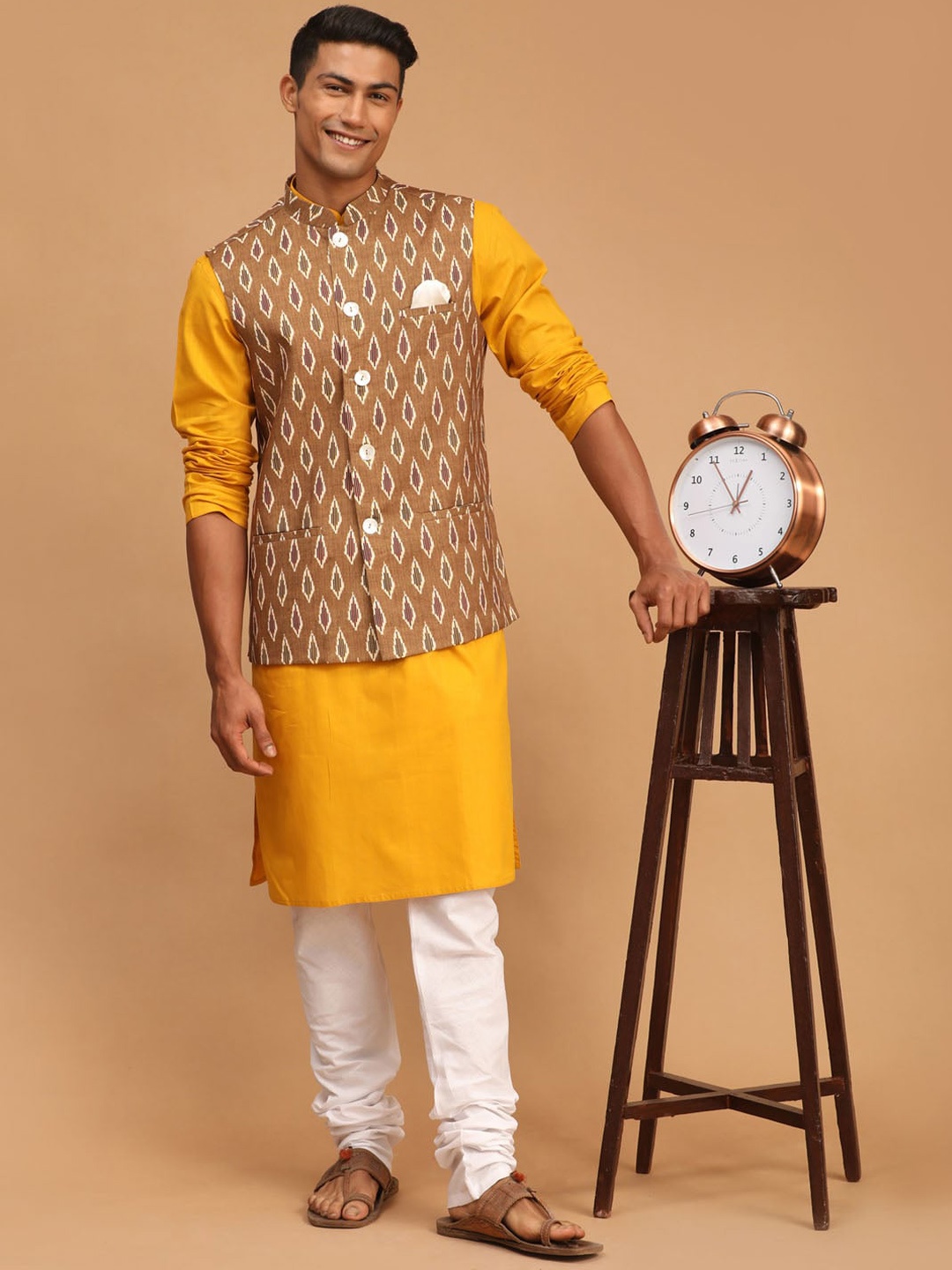 

VASTRAMAY Men Solid Straight Kurta with Churidar & With Printed Nehru Jacket, Mustard