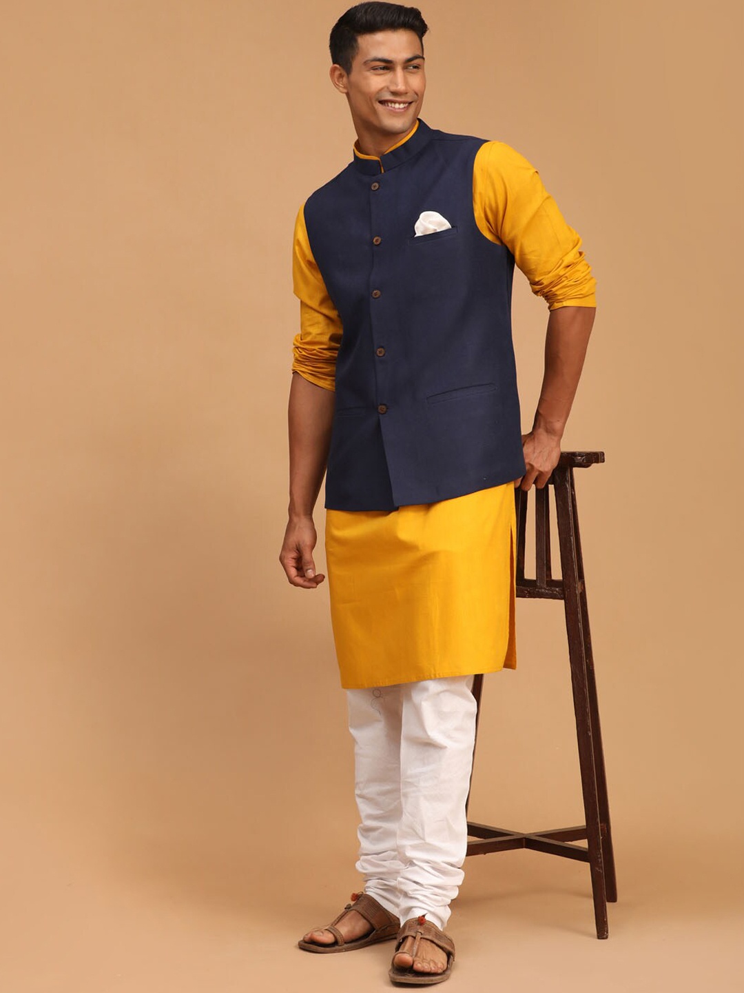 

VASTRAMAY Men Cotton Nehru Jacket Kurta with Churidar, Mustard