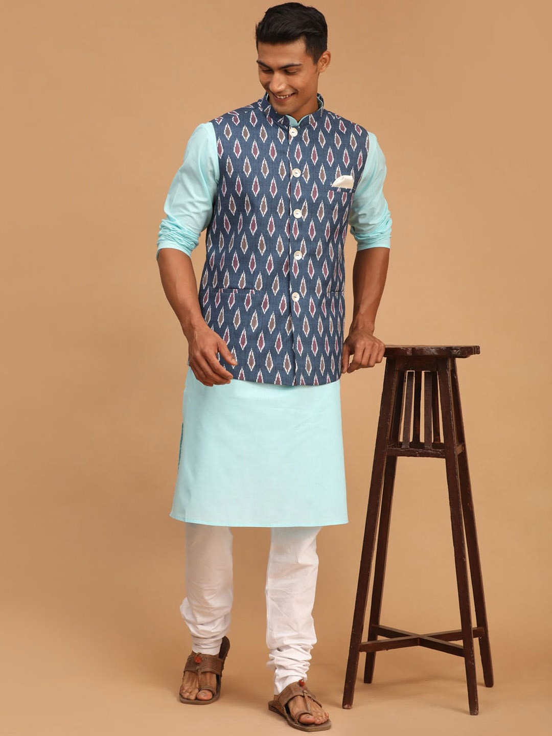 

VASTRAMAY Men Solid Straight Kurta with Churidar & With Printed Nehru Jacket, Blue