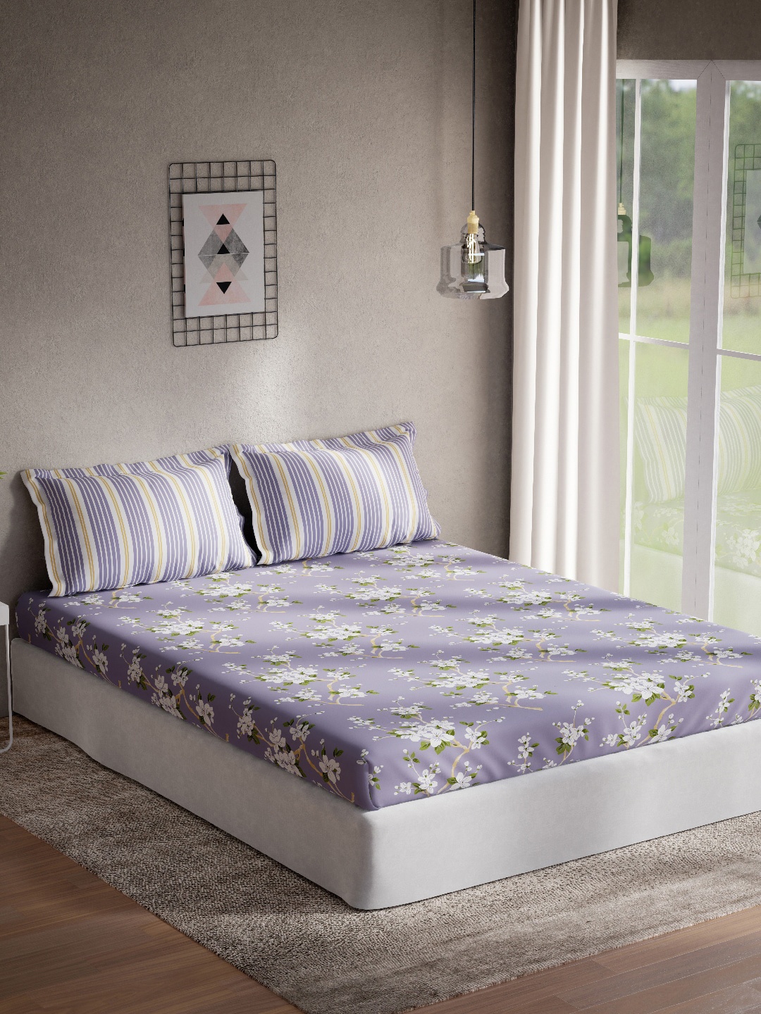 

DDecor Purple & White Floral 144 TC Queen Bedsheet with 2 Pillow Covers
