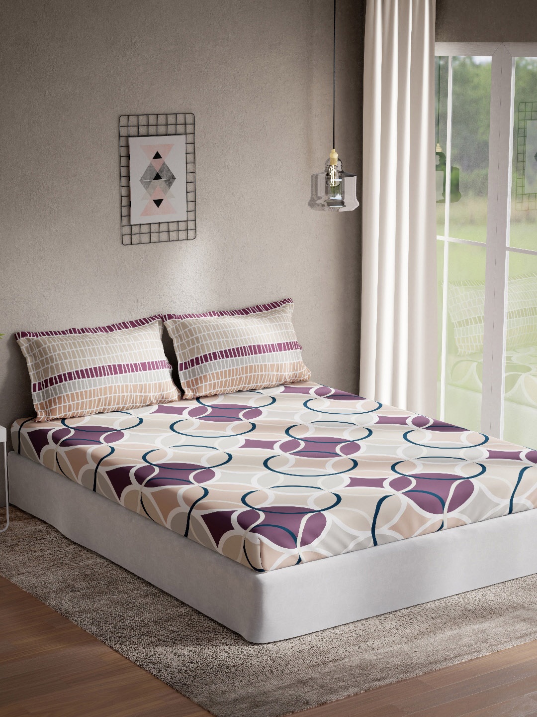 

DDecor Burgundy & White Geometric 144 TC Queen Bedsheet with 2 Pillow Covers