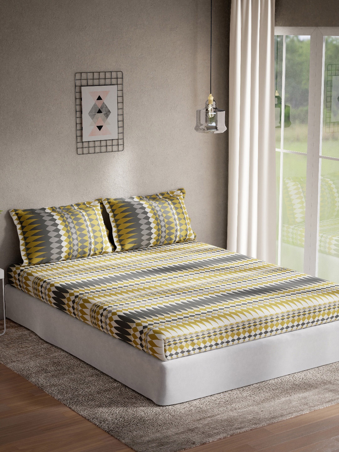 

DDecor Grey & Green Striped 144 TC Queen Bedsheet with 2 Pillow Covers