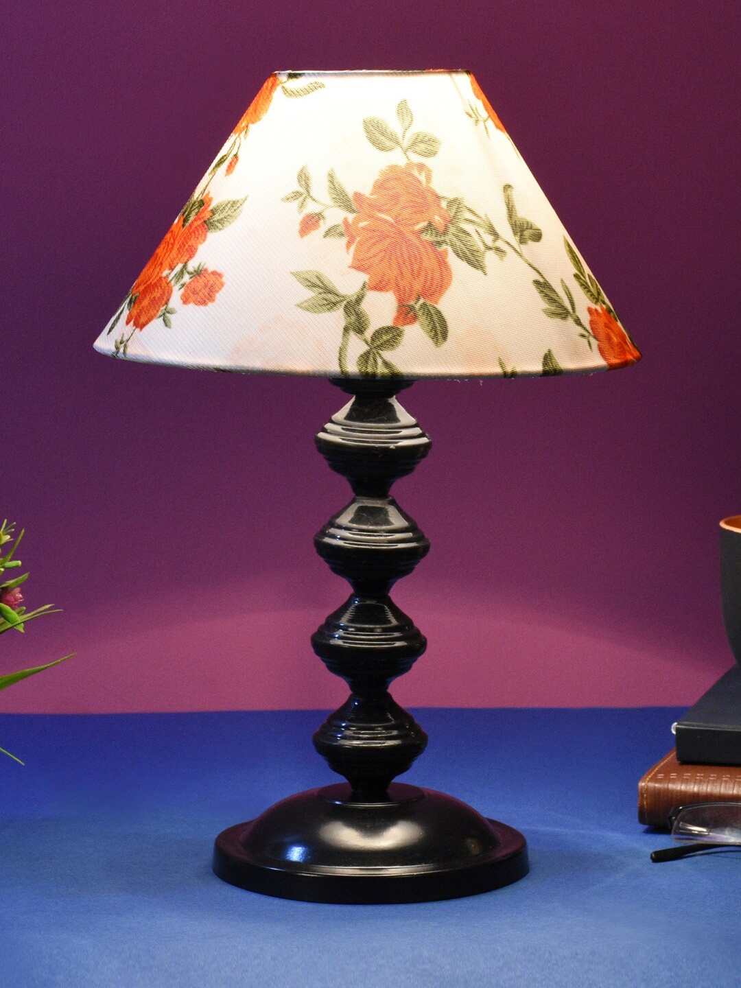 

foziq Black Printed Floral Frustum-Shaped Table Lamps