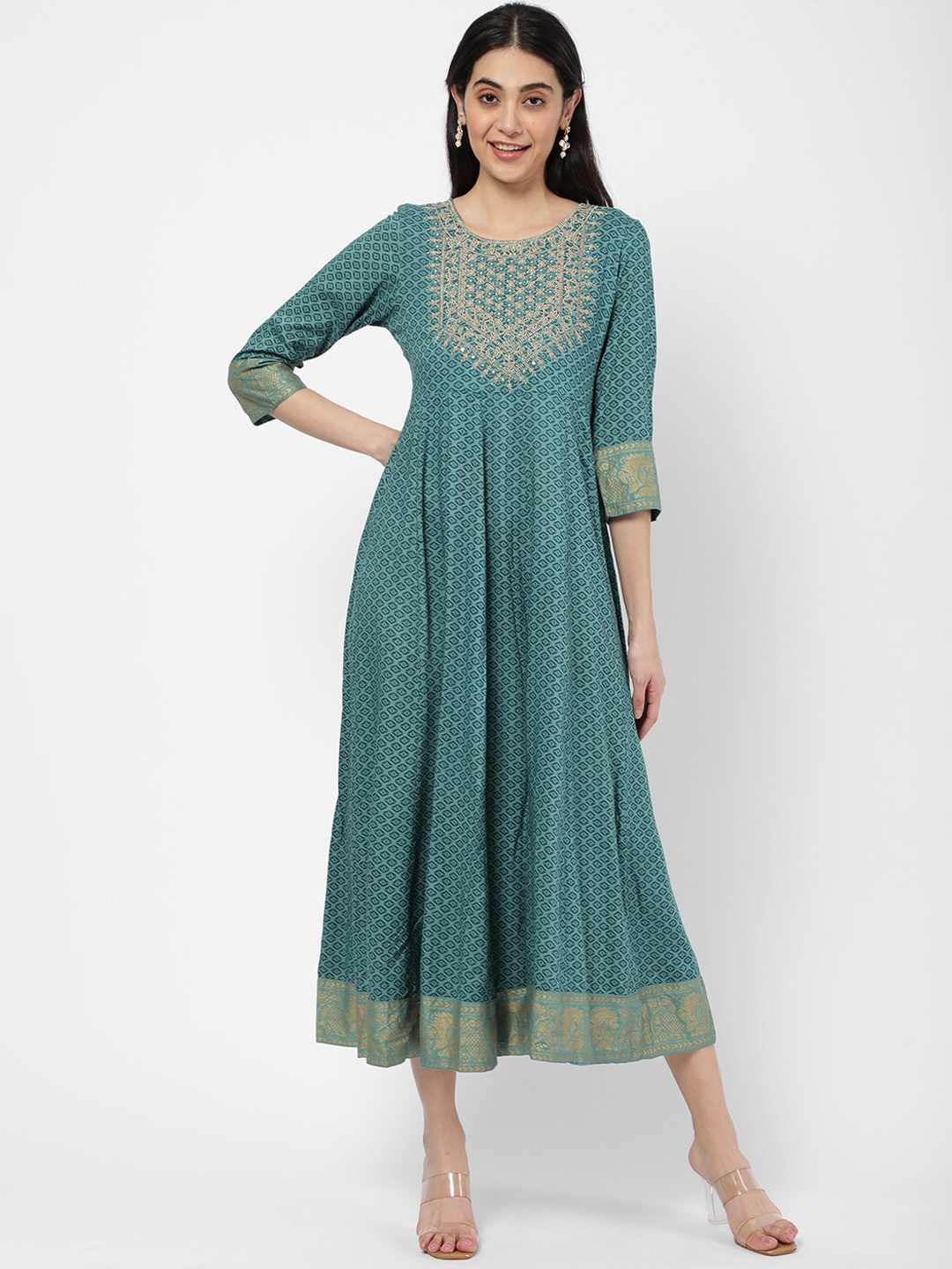 

R&B Women Blue & Gold-Toned Printed Ethnic Dress