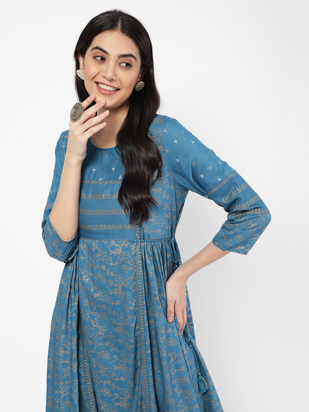 

R&B Women Teal Floral Printed Anarkali Rayon Kurta