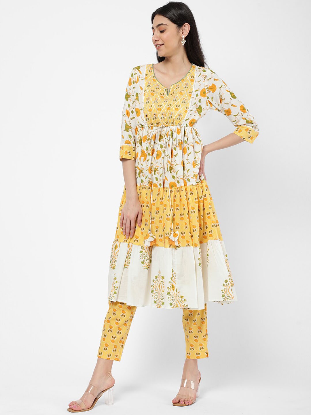 

R&B Women Floral Printed Tiered Pure Cotton Kurta with Trouser, Yellow