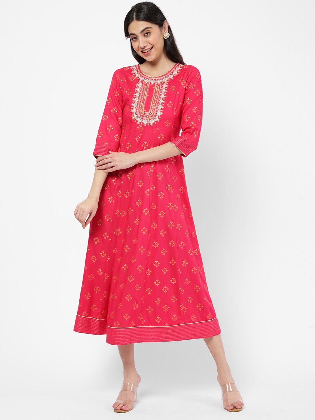 

R&B Women Magenta & Beige Floral Printed Thread Work Anarkali Kurta