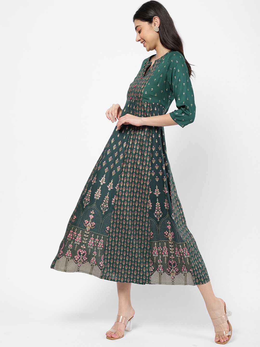

R&B Women Green & Gold-Toned Printed Ethnic Dress