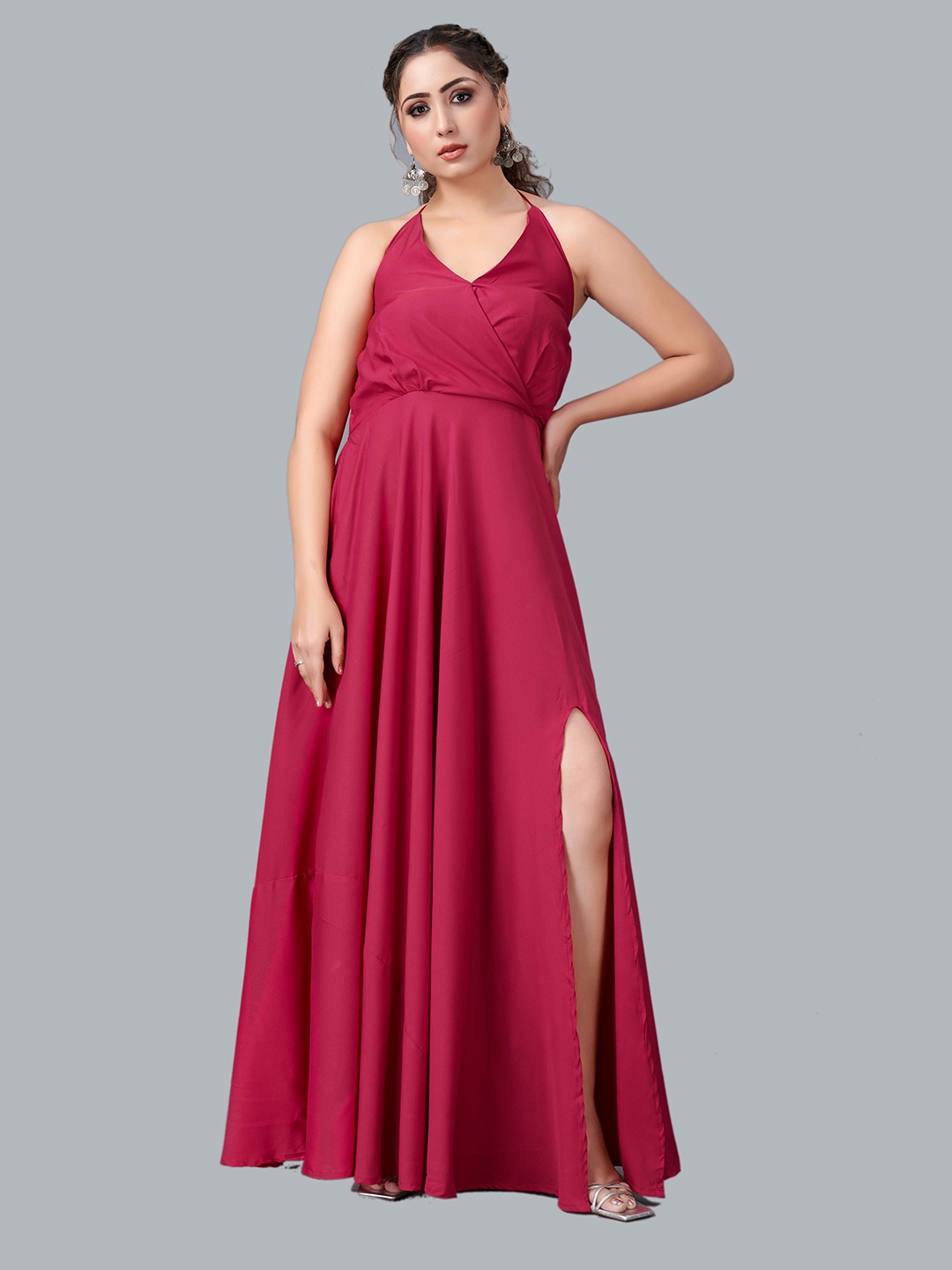 

Fashion FRICKS Women Maroon Halter Neck Crepe Maxi Dress