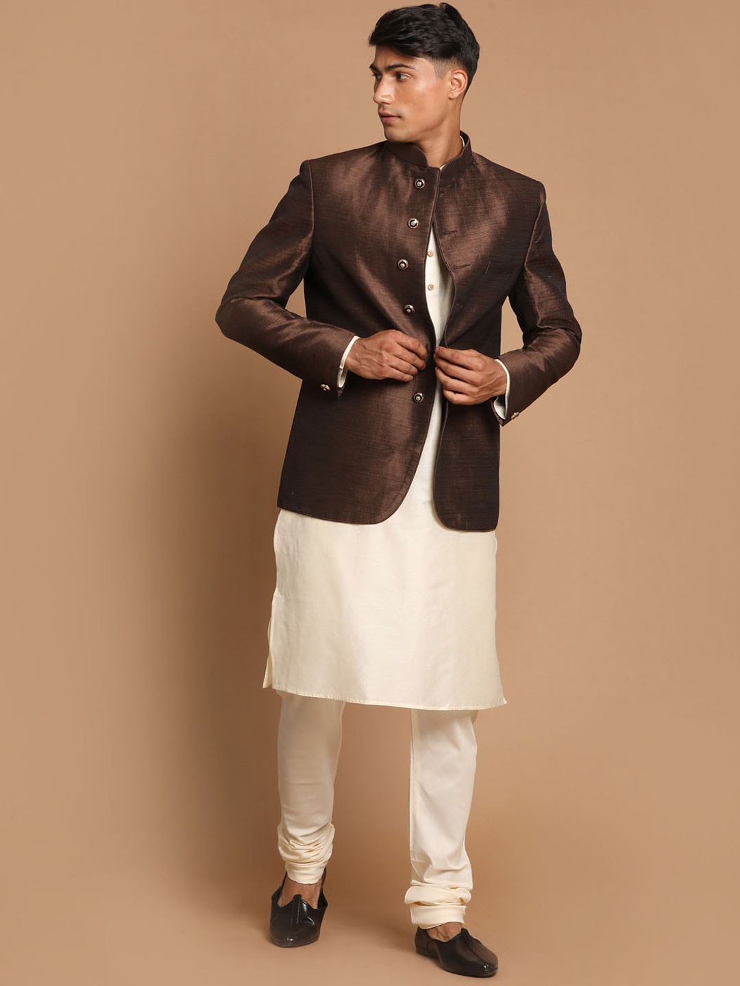 

VASTRAMAY Men Solid Straight Kurta with Churidar & Jacket, Cream