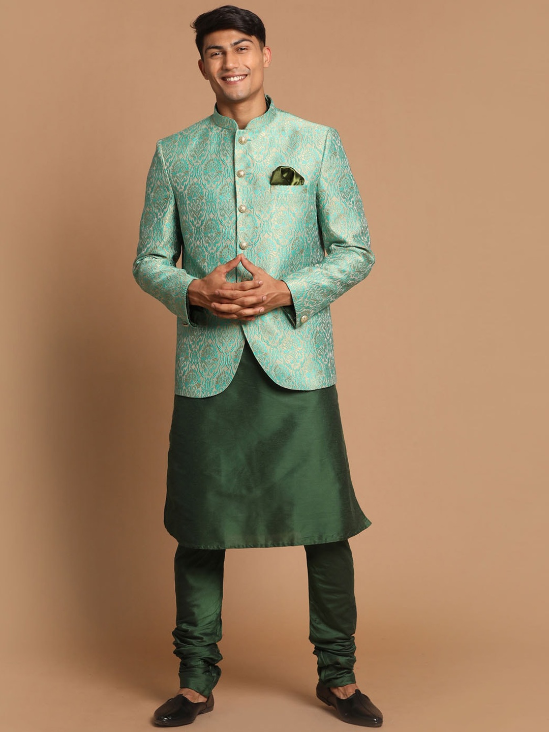 

VASTRAMAY Men Jodhpuri Kurta With Churidar With Jacket, Green