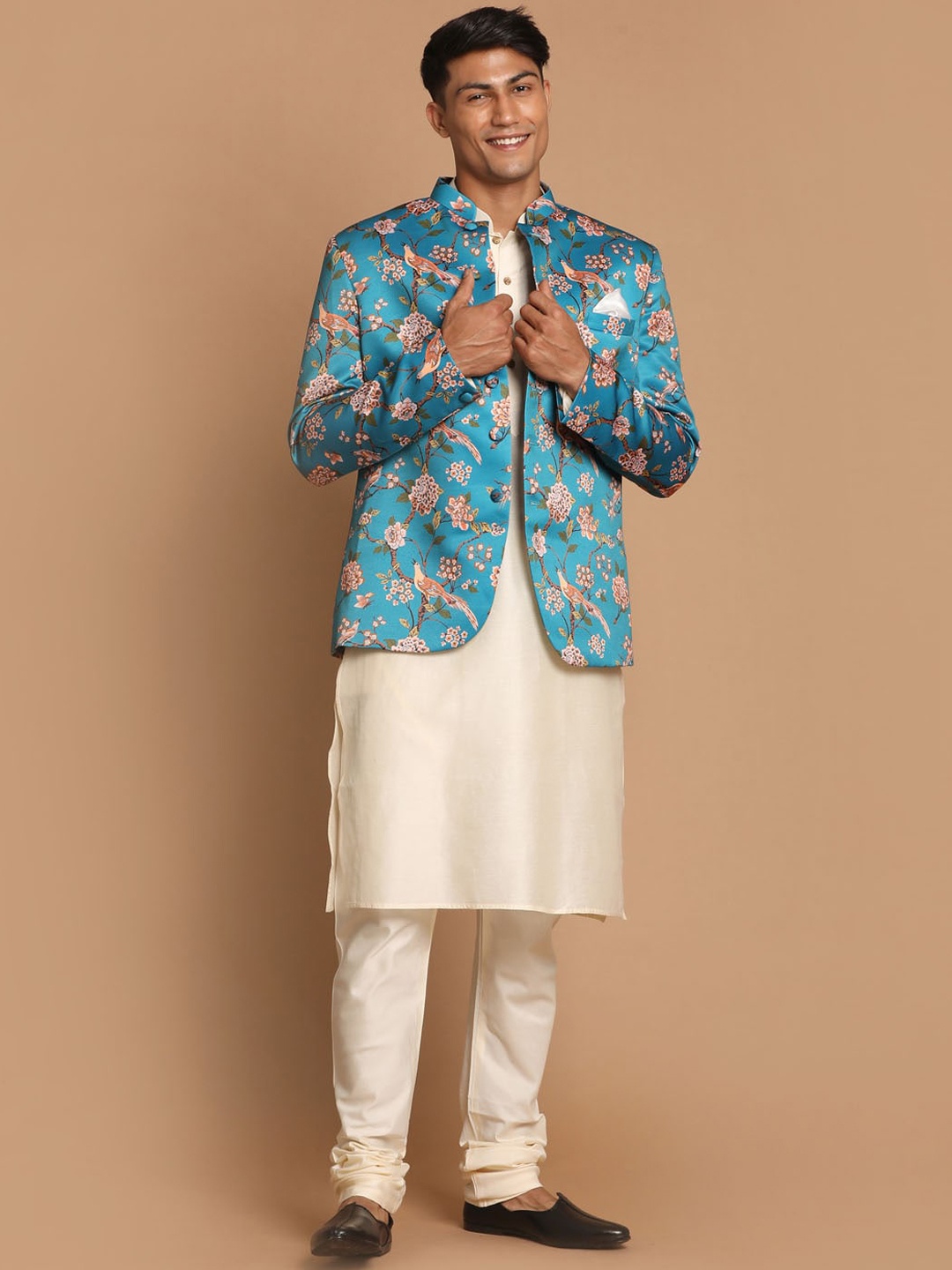 

VASTRAMAY Men Kurta With Churidar & Jacket, Cream