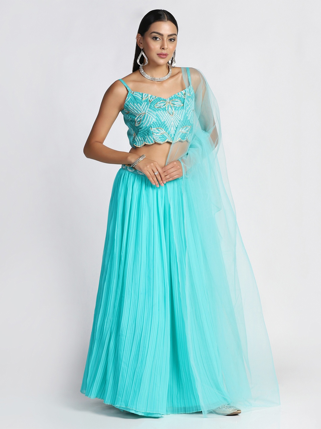 

Warthy Ent Turquoise Blue & White Embroidered Semi-Stitched Lehenga & Unstitched Blouse With Dupatta