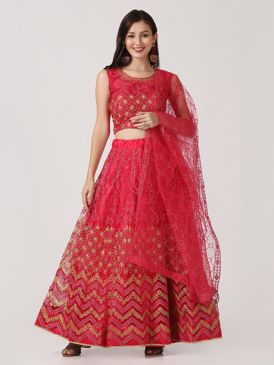 

Warthy Ent Pink & Gold-Toned Embroidered Thread Work Tie and Dye Semi-Stitched Lehenga & Unstitched Blouse