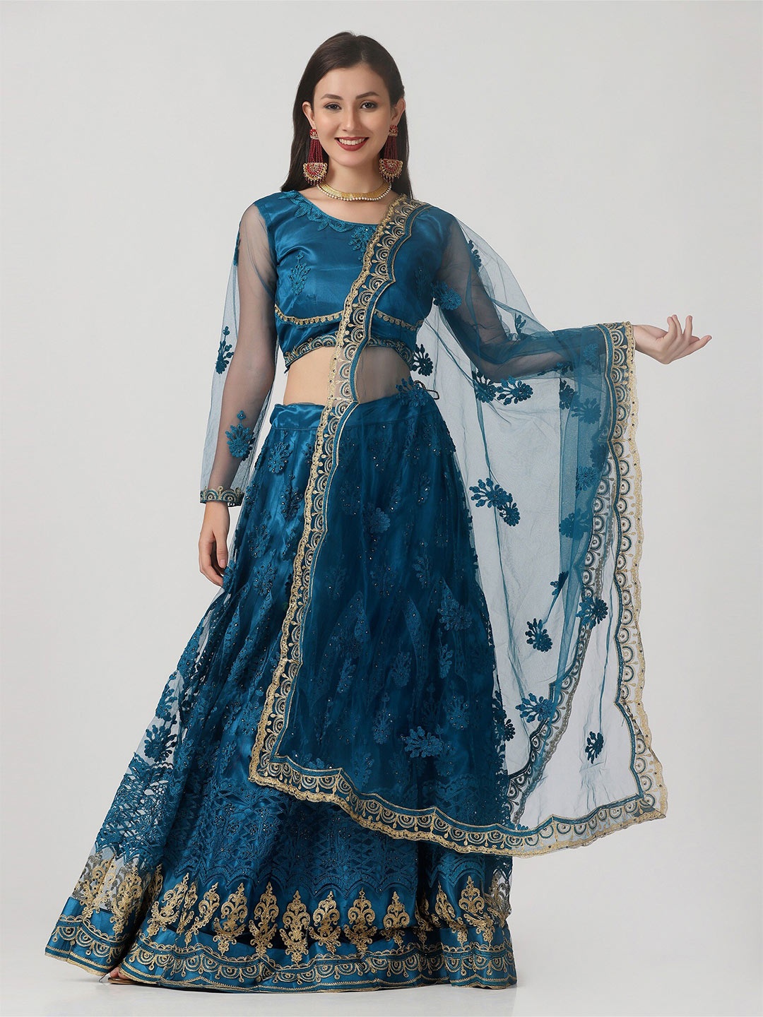 

Warthy Ent Turquoise Blue & Gold-Toned Embroidered Thread Work Semi-Stitched Lehenga & Unstitched Blouse