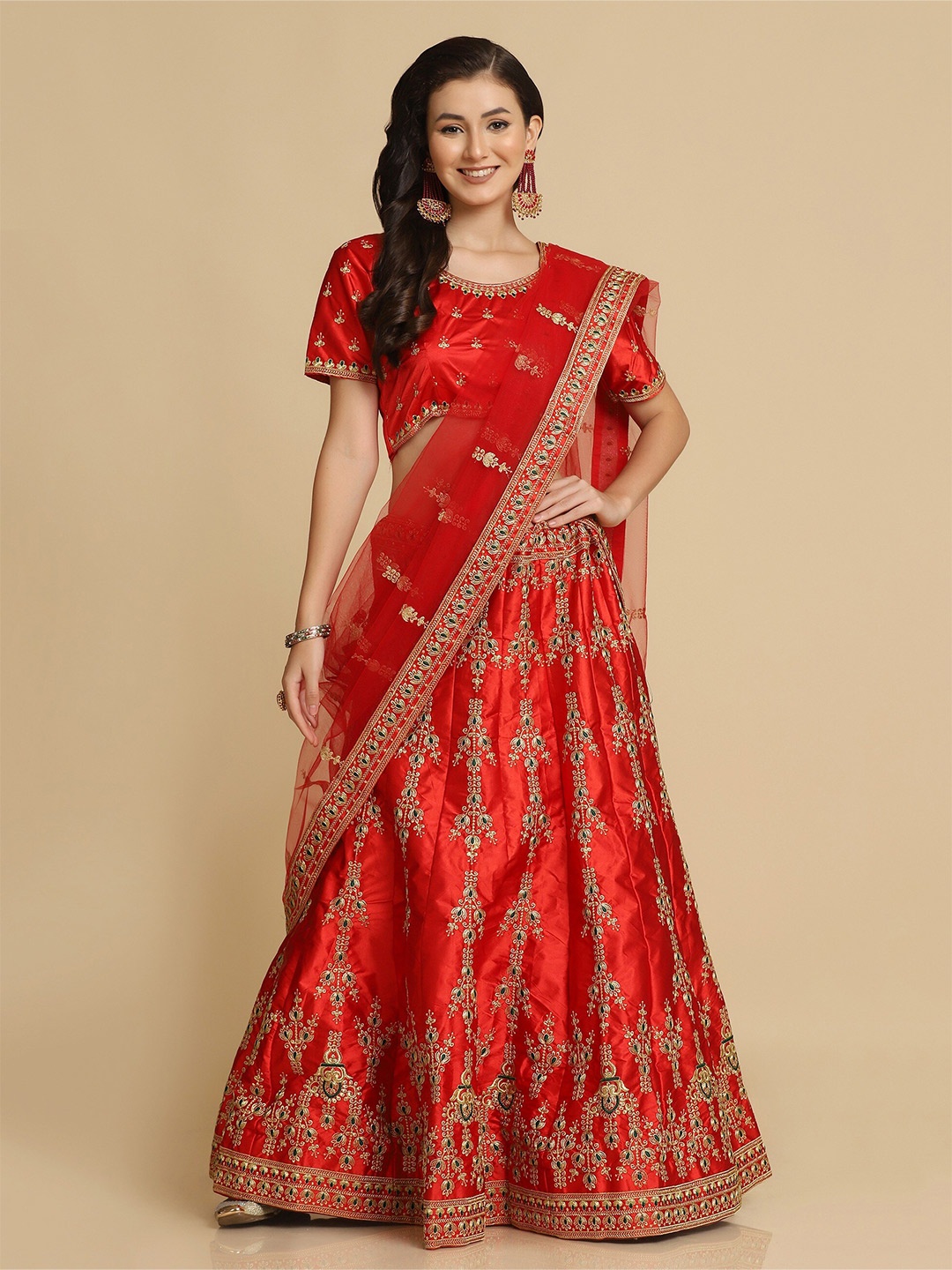 

Warthy Ent Red & Gold-Toned Embroidered Thread Work Semi-Stitched Lehenga & Unstitched Blouse With Dupatta