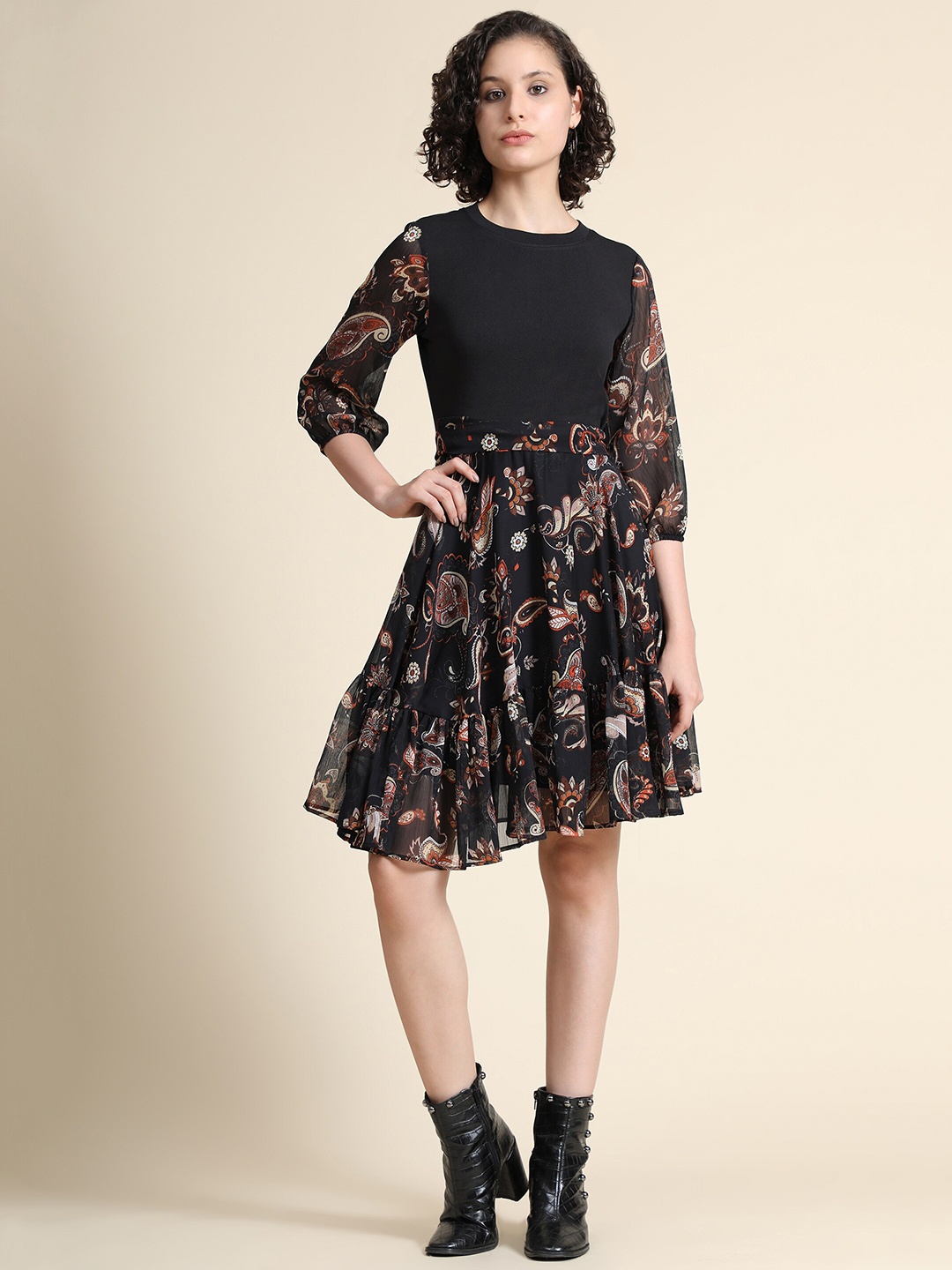 

KERI PERRY Women Black Georgette Paisley Print Flared Western Dress