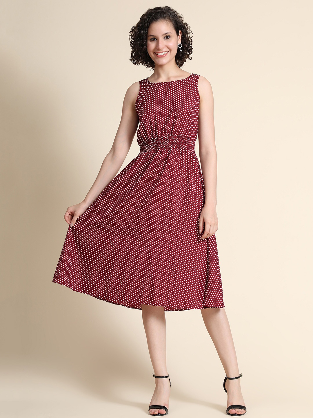 

KERI PERRY Women Maroon Polka Dots Printed Flared Dress