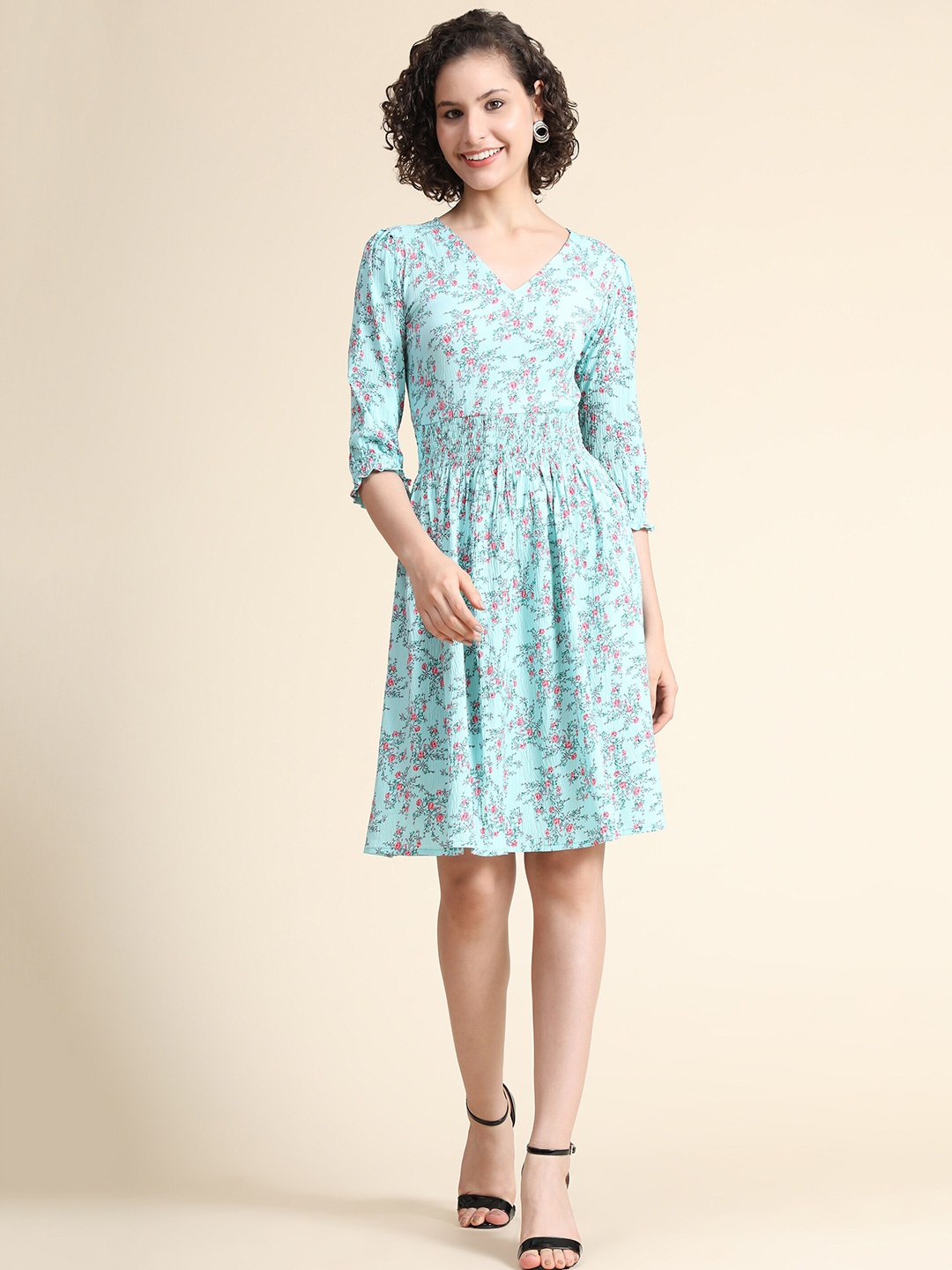 

KERI PERRY Women Sea Blue Georgette Floral Print Flared Western Dress