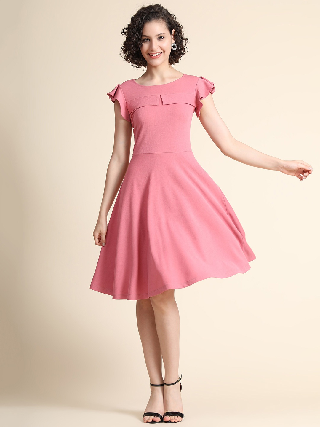 

KERI PERRY Flutter Sleeves Fit and Flare Dress, Pink