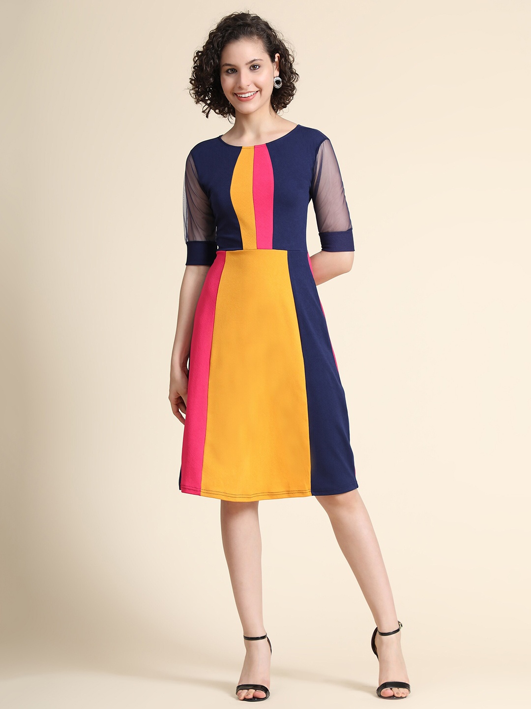 

KERI PERRY Women Mustard Yellow & Navy Blue Colourblocked A-Line Dress