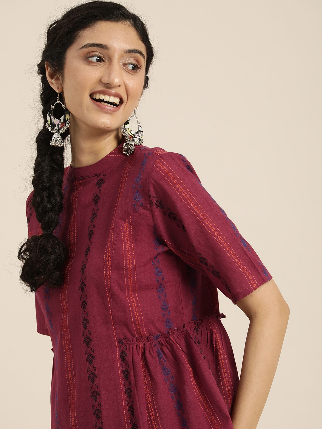 

Taavi Woven Legacy Striped Pure Cotton Sustainable Regular Top with Gathers, Maroon
