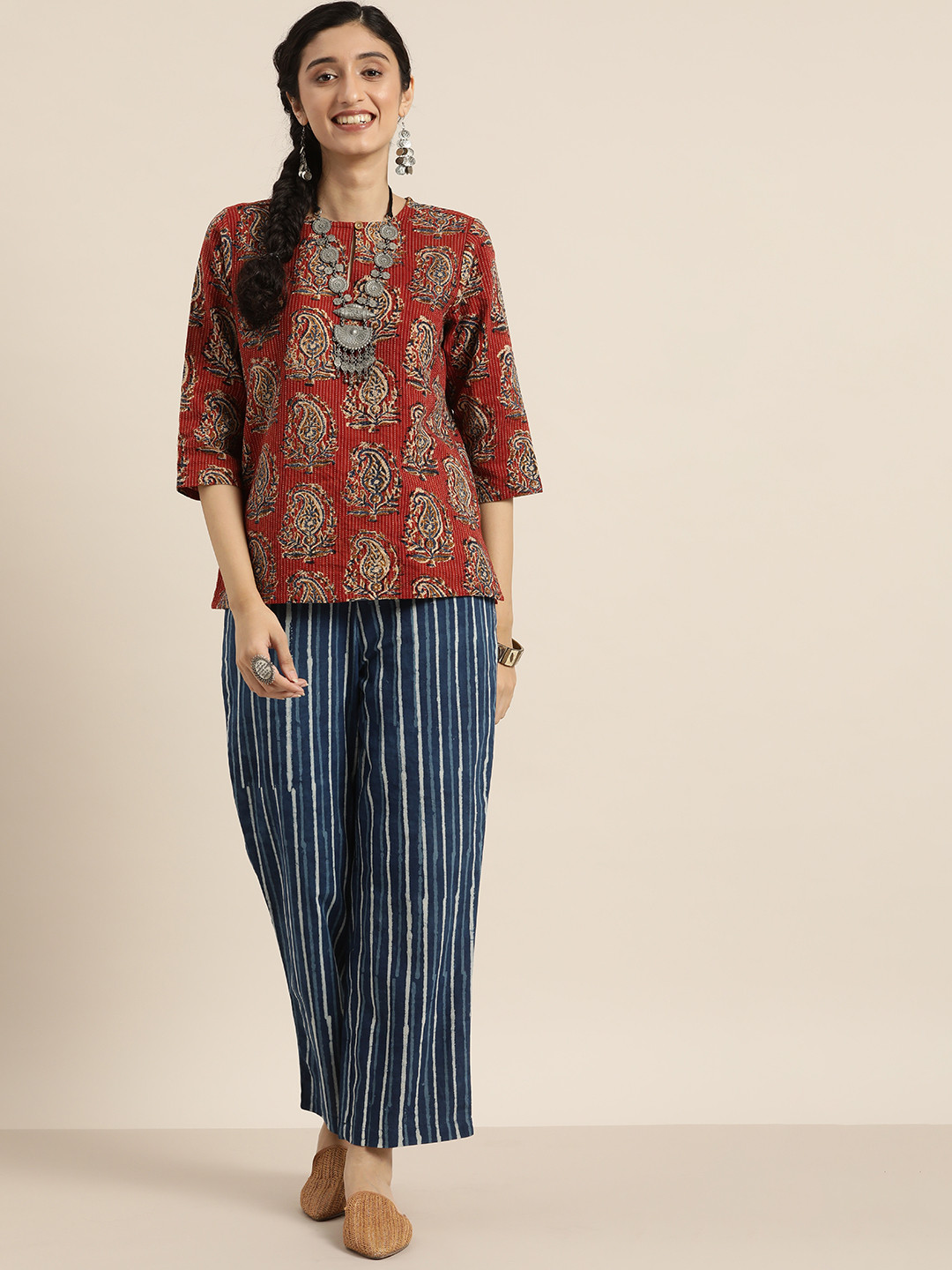 

Taavi Women Kalamkari Hand Block Printed Pure Cotton Top with Trousers, Rust