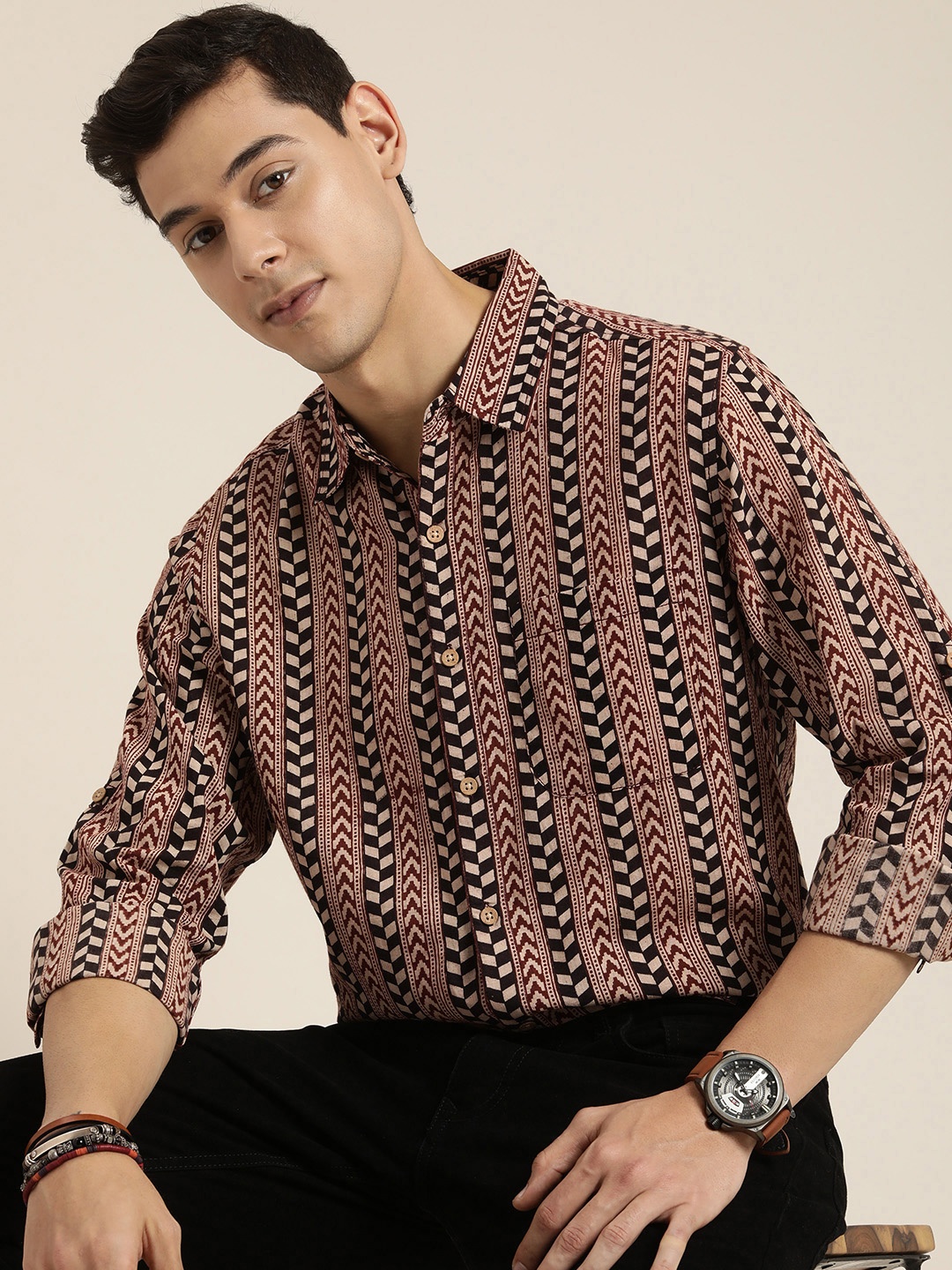 

Taavi Men Bagru Printed Sustainable Casual Shirt, Beige