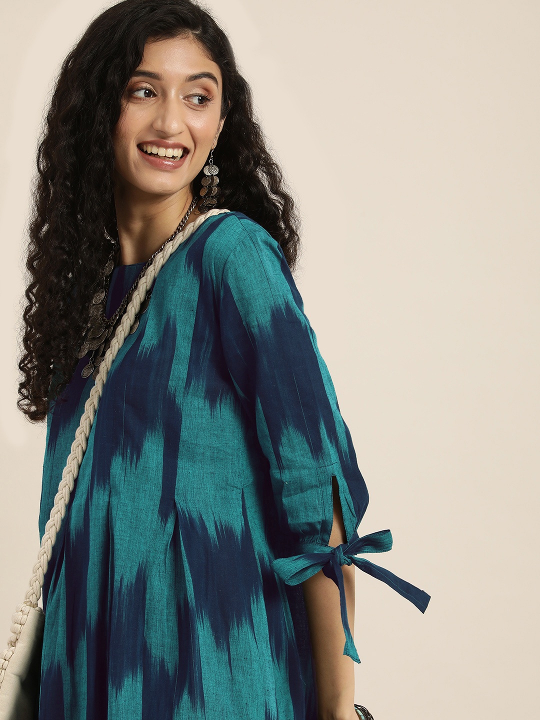 

Taavi Women Printed Pure Cotton Sustainable Ikat A-Line Dress, Blue