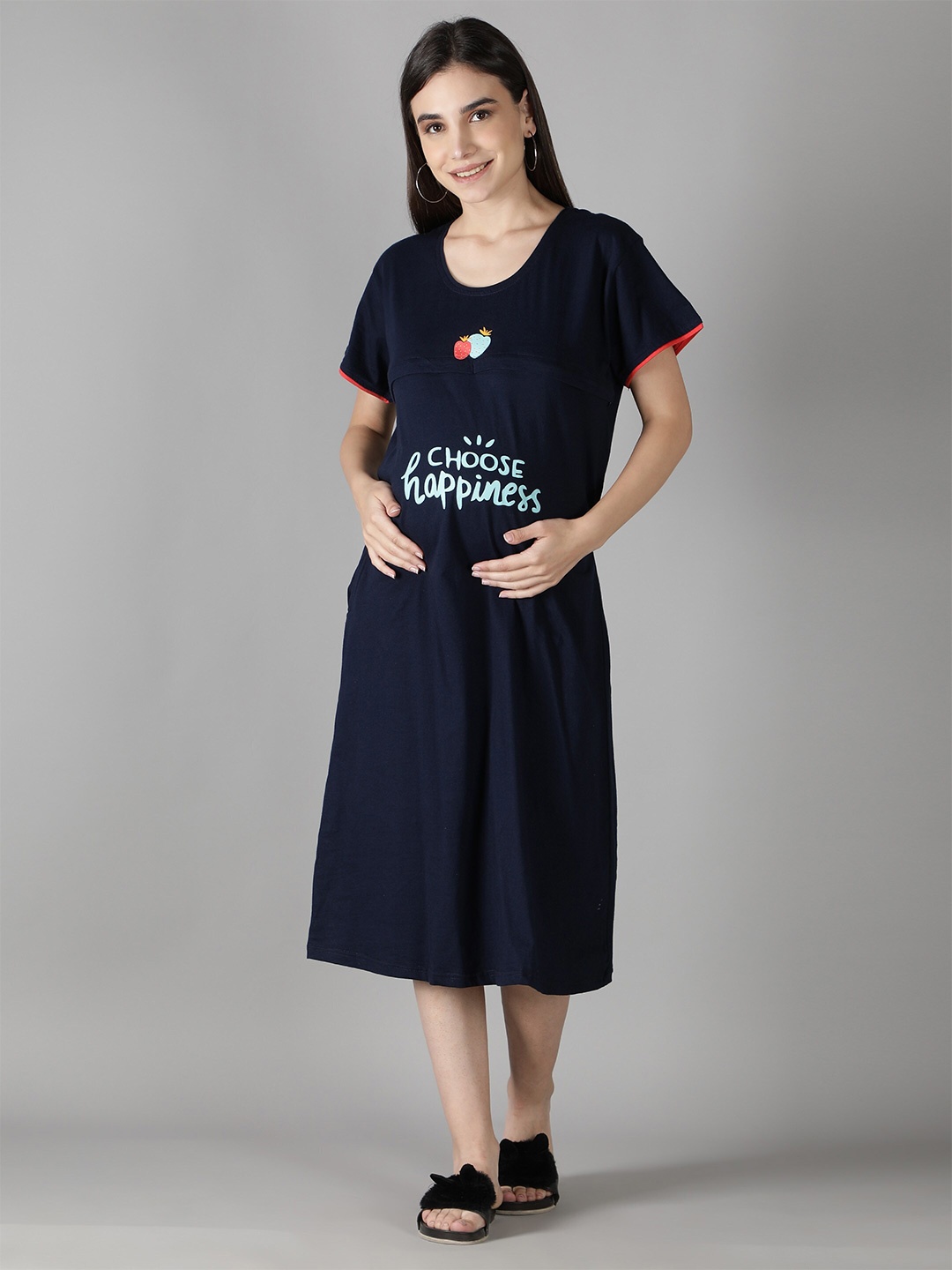 

NIGHTSPREE Navy Blue Maternity Cotton A-Line Midi Dress