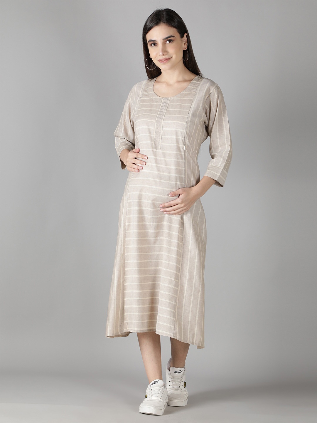 

NIGHTSPREE Beige Striped Cotton Maternity A-Line Midi Dress