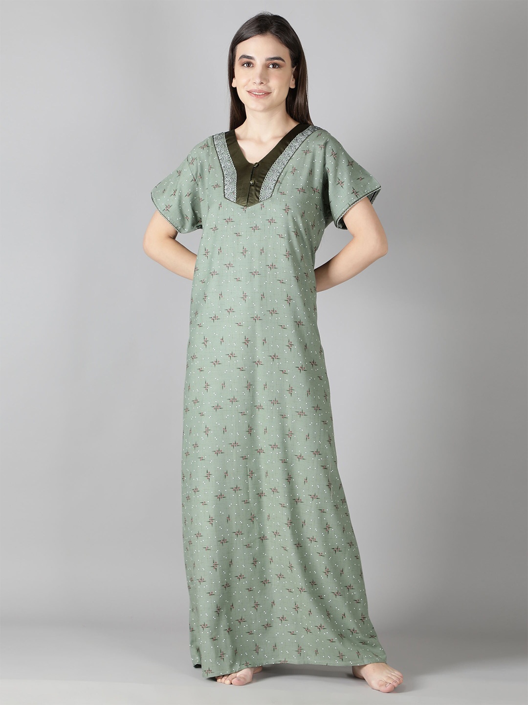 

NIGHTSPREE Green Printed Maxi Nightdress