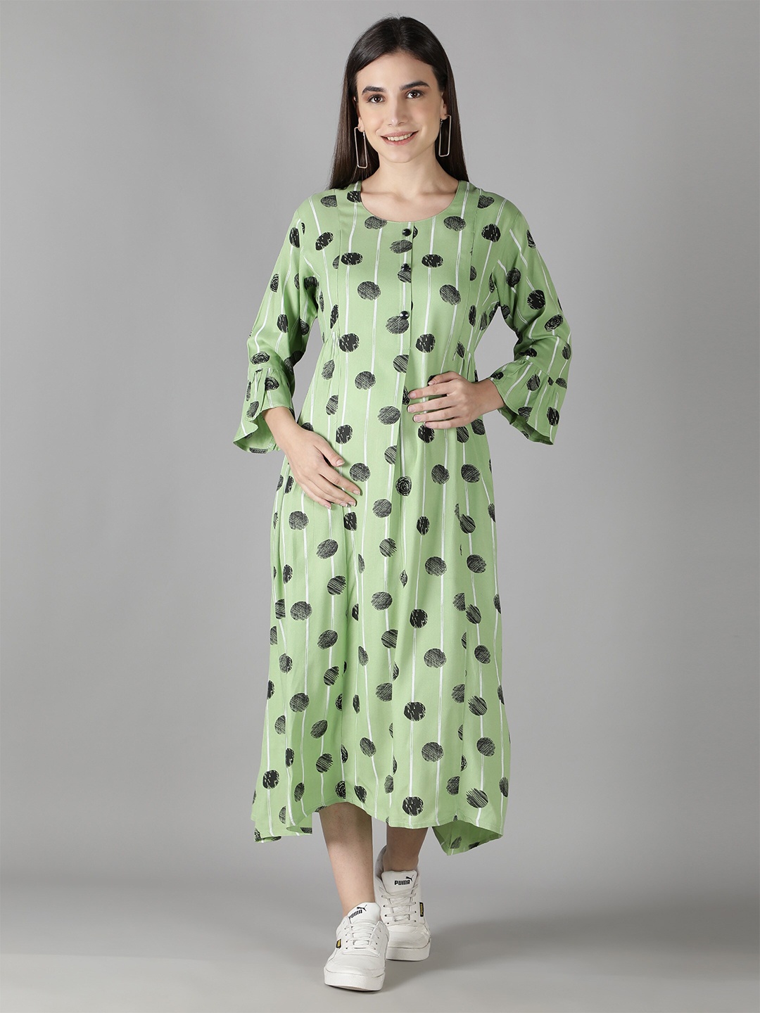 

NIGHTSPREE Women Green Floral Maternity A-Line Cotton Midi Dress