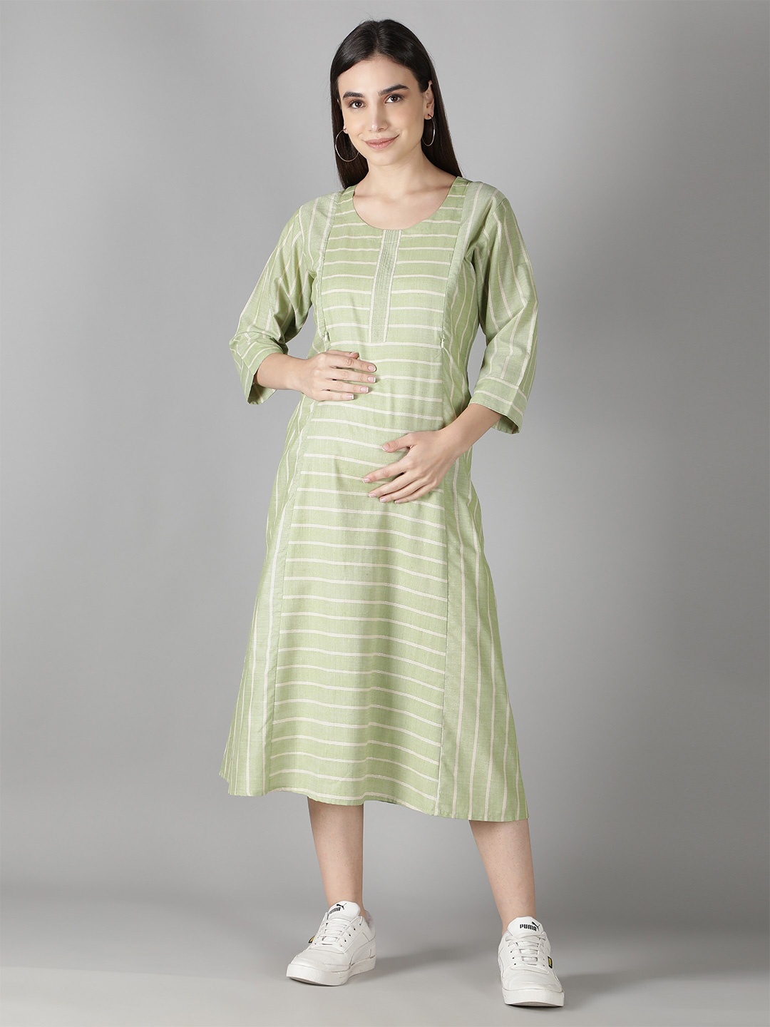 

NIGHTSPREE Green Striped Maternity Cotton A-Line Midi Dress