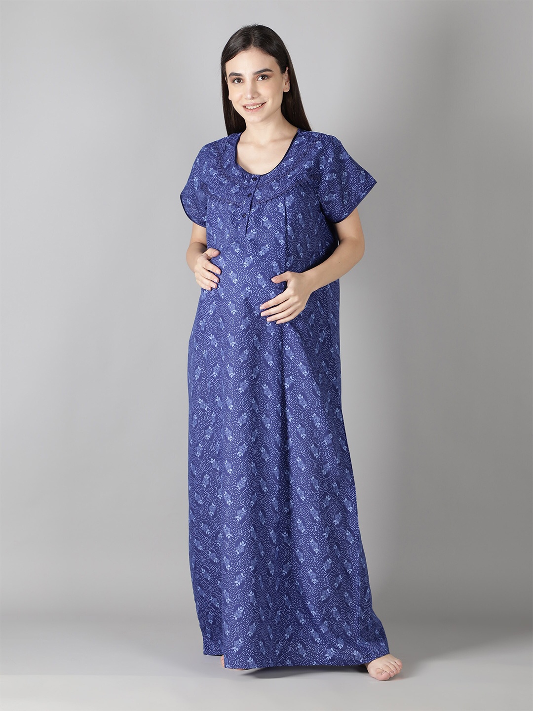 

NIGHTSPREE Women Printed Maternity Maxi Nightdress, Blue