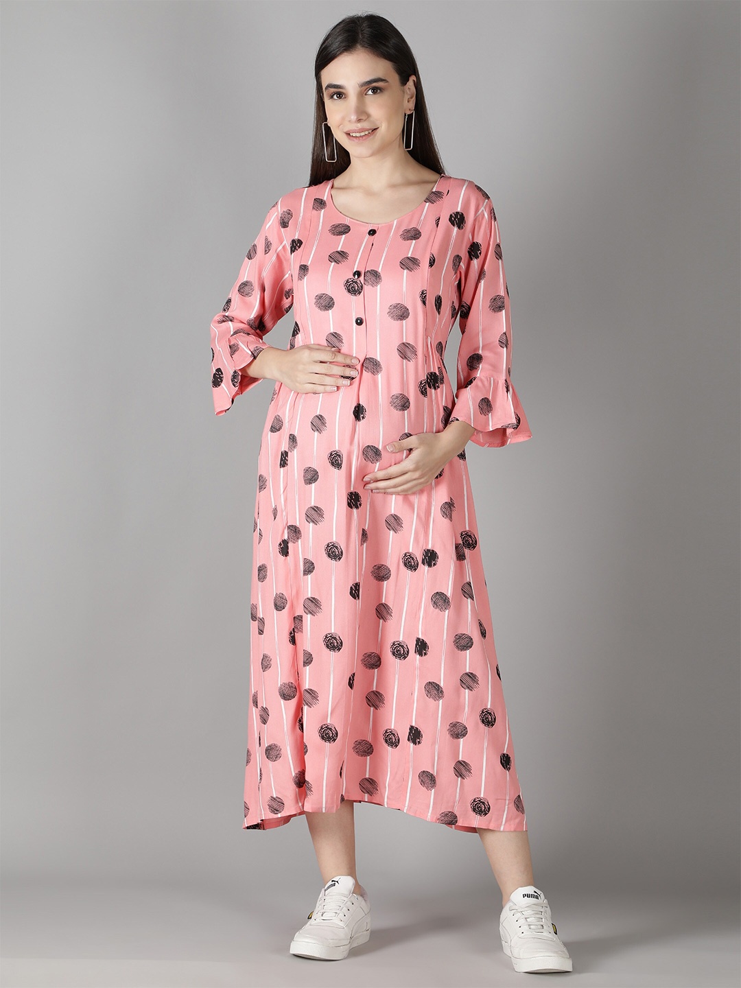 

NIGHTSPREE Pink Floral Maternity A-Line Midi Dress