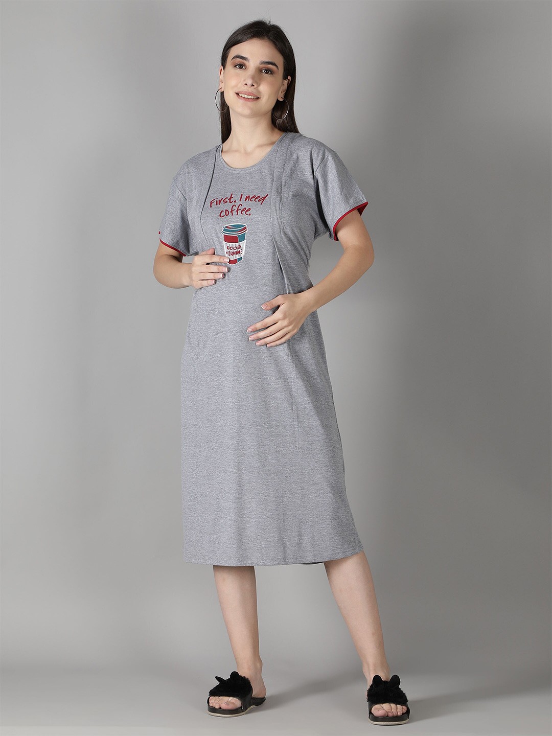 

NIGHTSPREE Women Grey Maternity A-Line Cotton Midi Dress