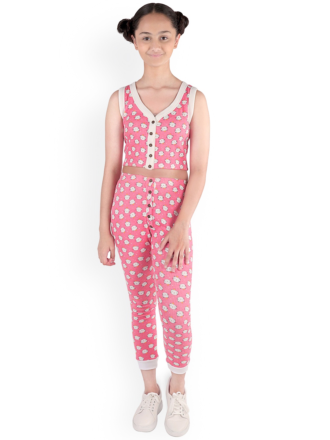 

DChica Girls Pink Cat Printed Sleeveless Front Open Thermal Set Bottom