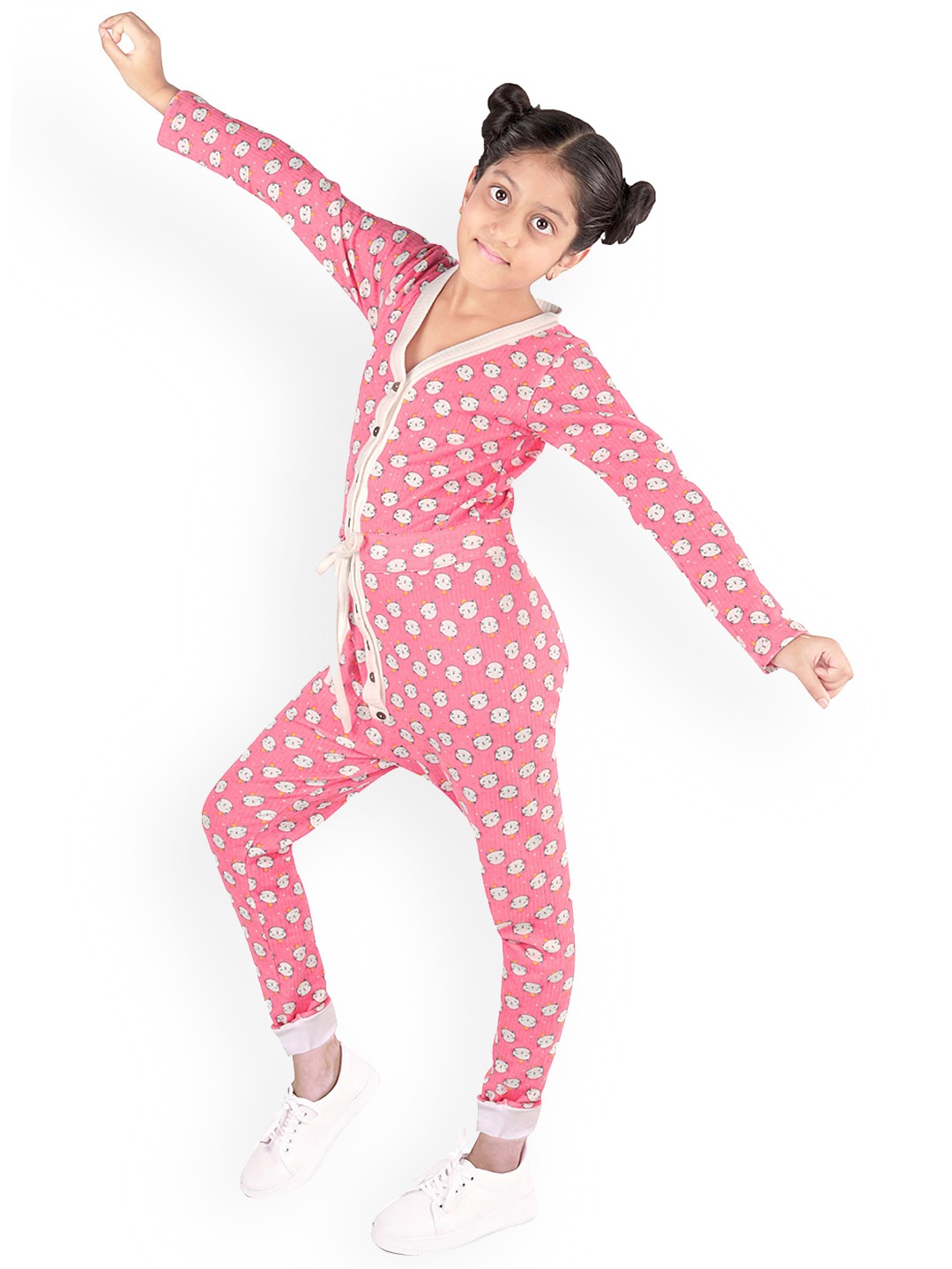

DChica Girls Pink & White Printed Full Sleeves Cat Print Thermal Set
