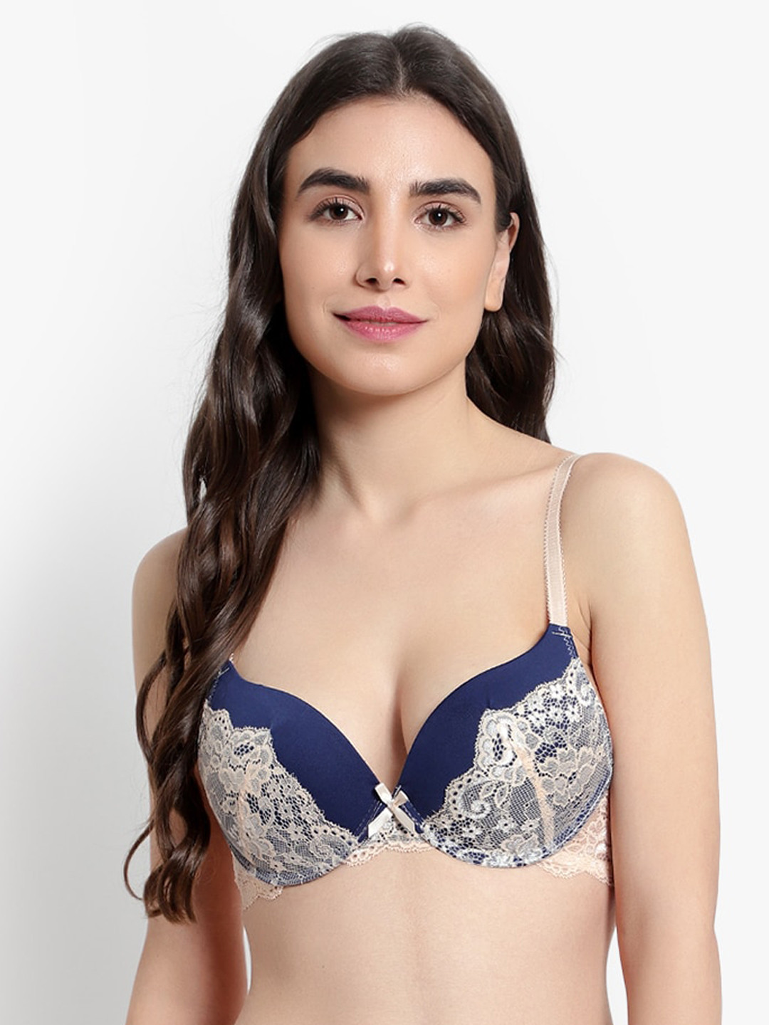 

BRACHY Blue & Cream-Coloured Floral Underwired Heavily Padded Plunge Bra