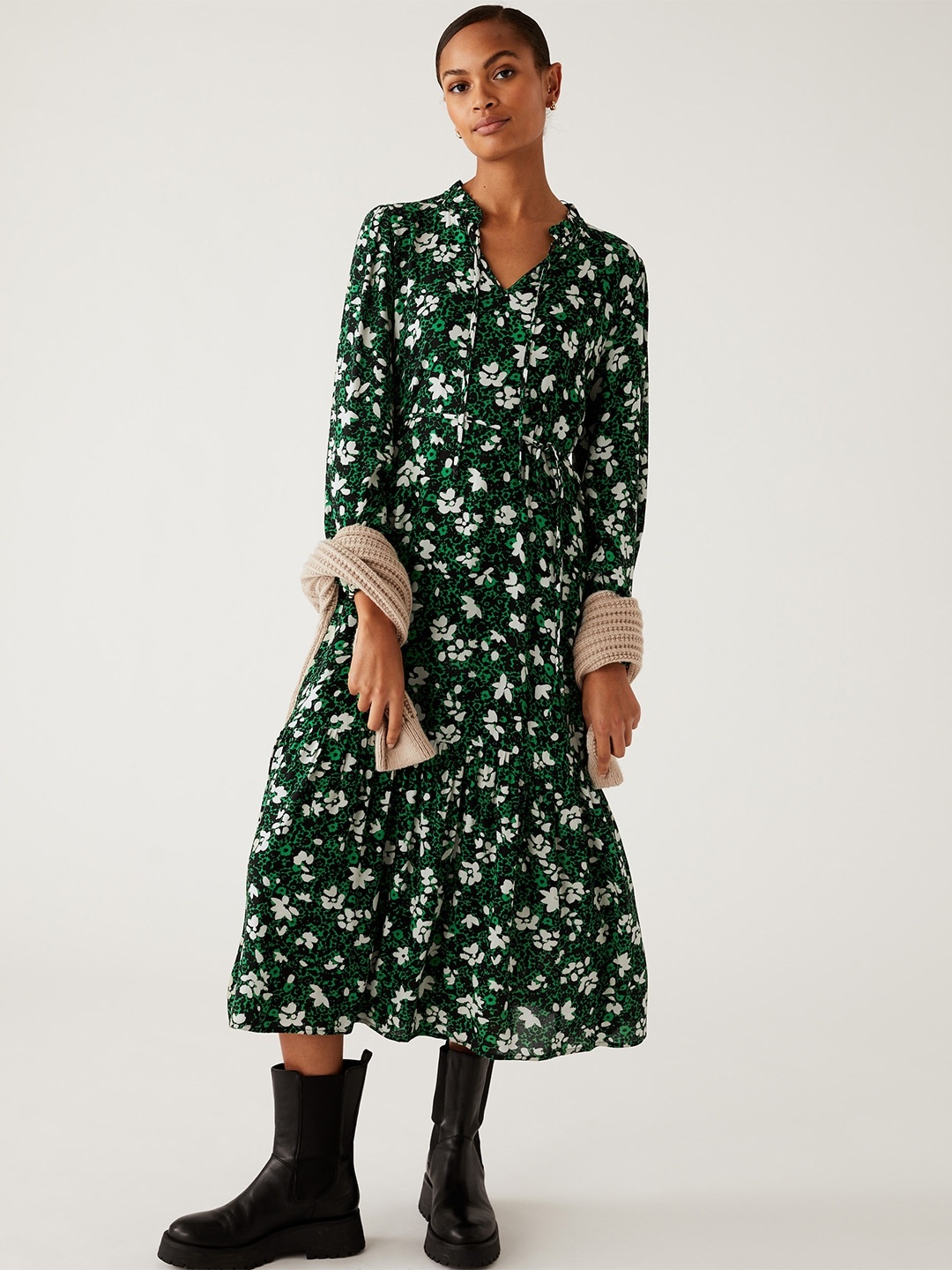 

Marks & Spencer Floral Tie-Up Neck A-Line Maxi Dress, Green