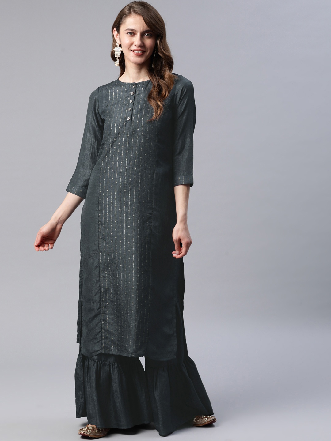 

Cottinfab Women Charcoal Grey & Golden Striped Kurta with Sharara