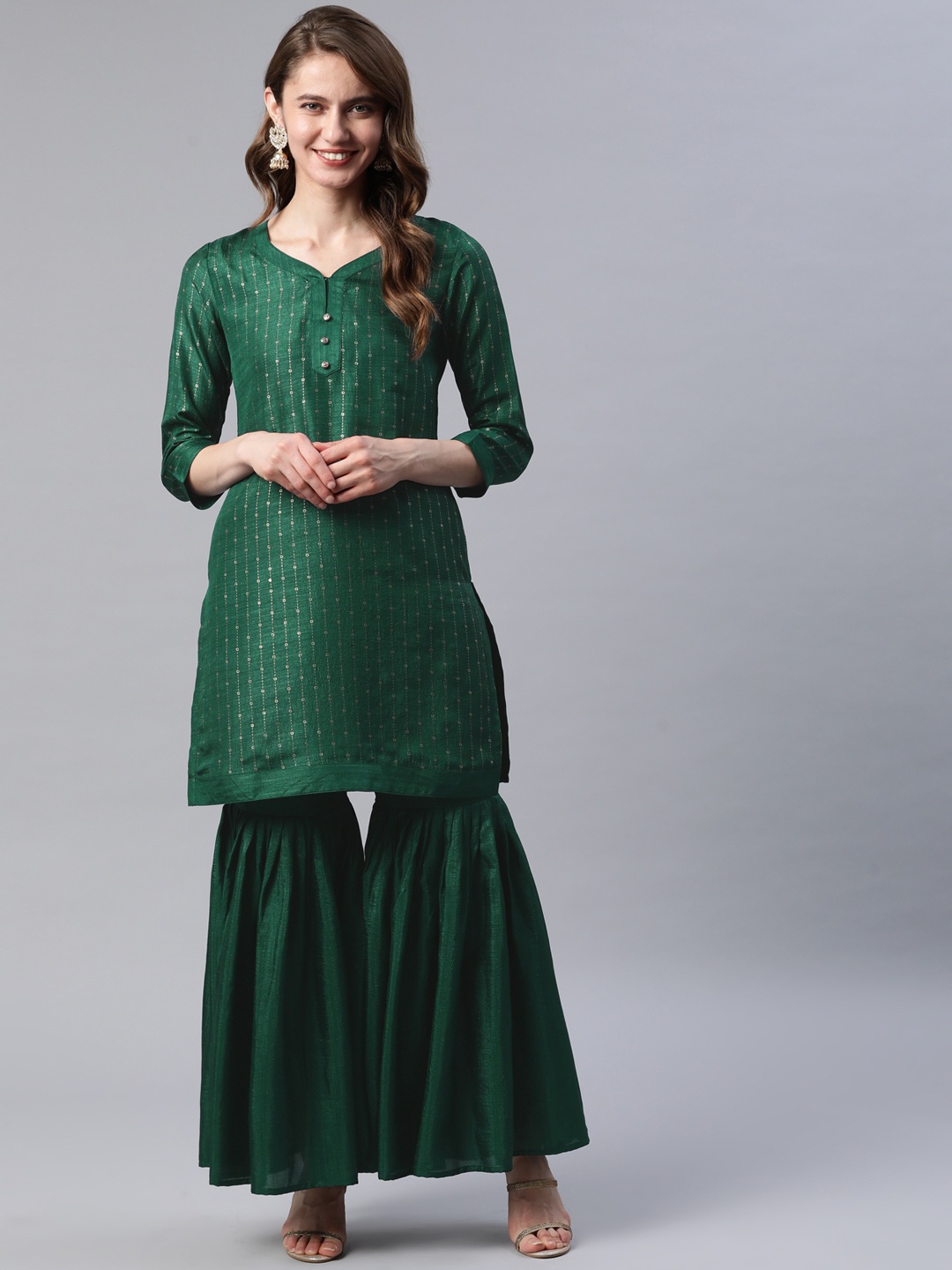 

Cottinfab Women Green & Golden Striped Kurta with Sharara