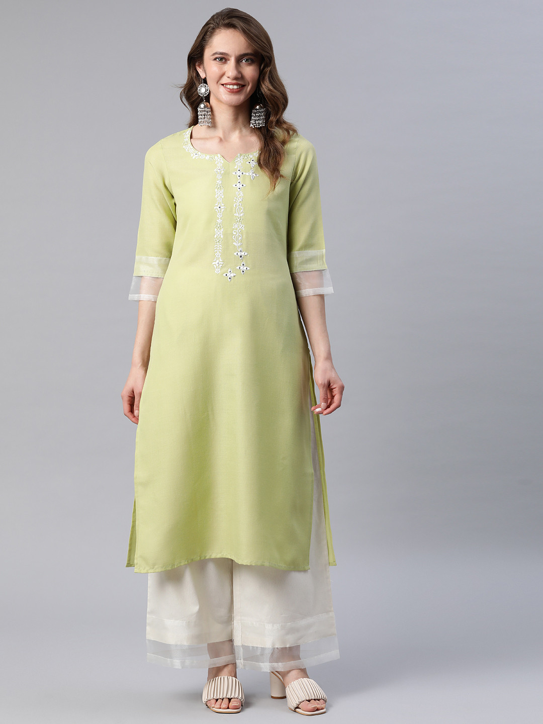 

Cottinfab Women Green Ethnic Motifs Embroidered Pure Cotton Kurta with Palazzos