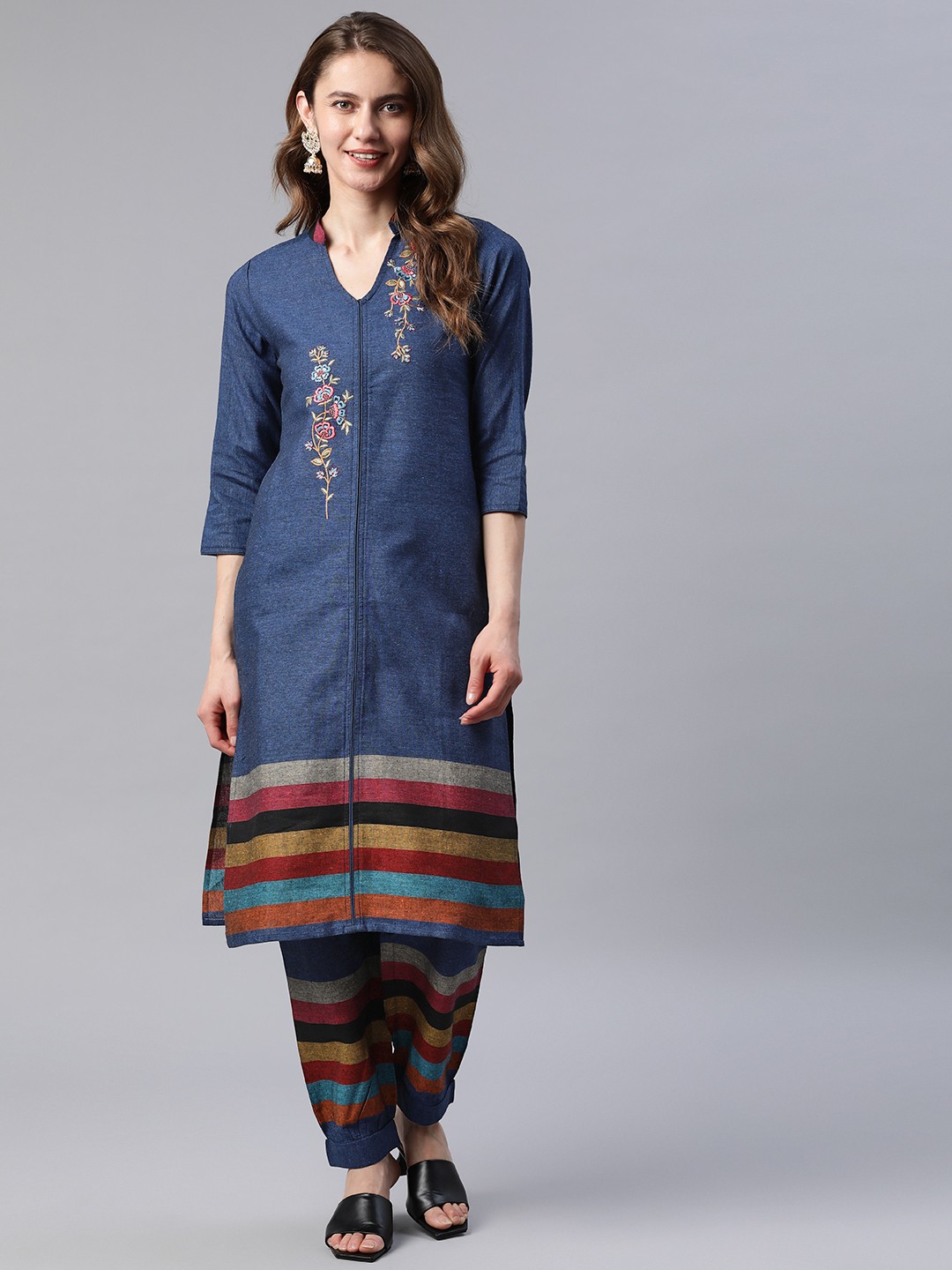 

Cottinfab Women Navy Blue Ethnic Motifs Embroidered Pure Cotton Kurta with Salwar