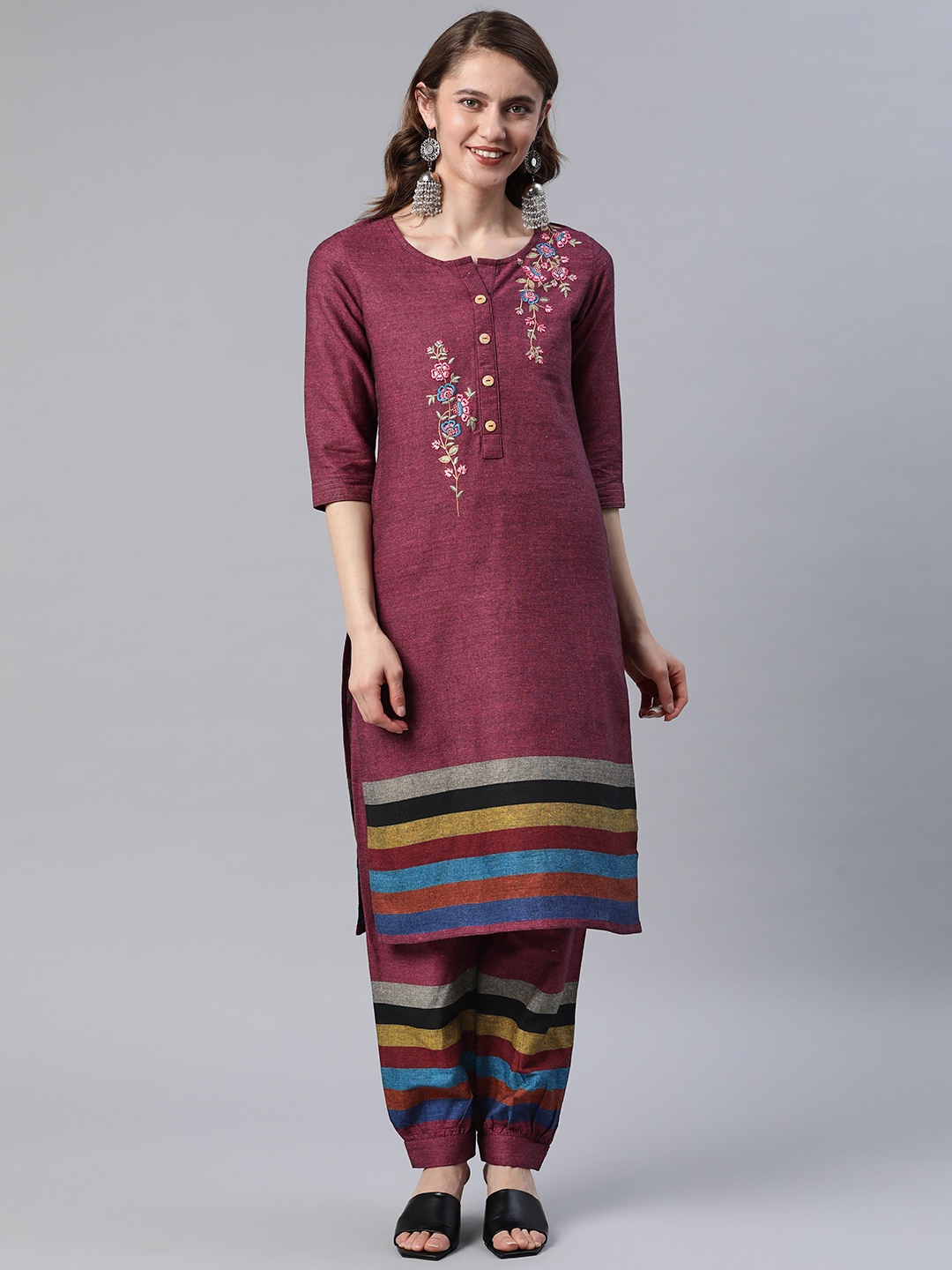 

Cottinfab Women Burgundy Floral Embroidered Pure Cotton Kurta with Harem Pants