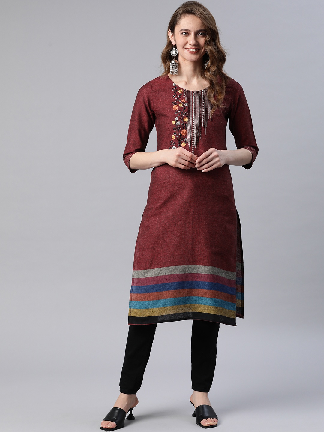 

Cottinfab Women Maroon Floral Yoke Design Kurta