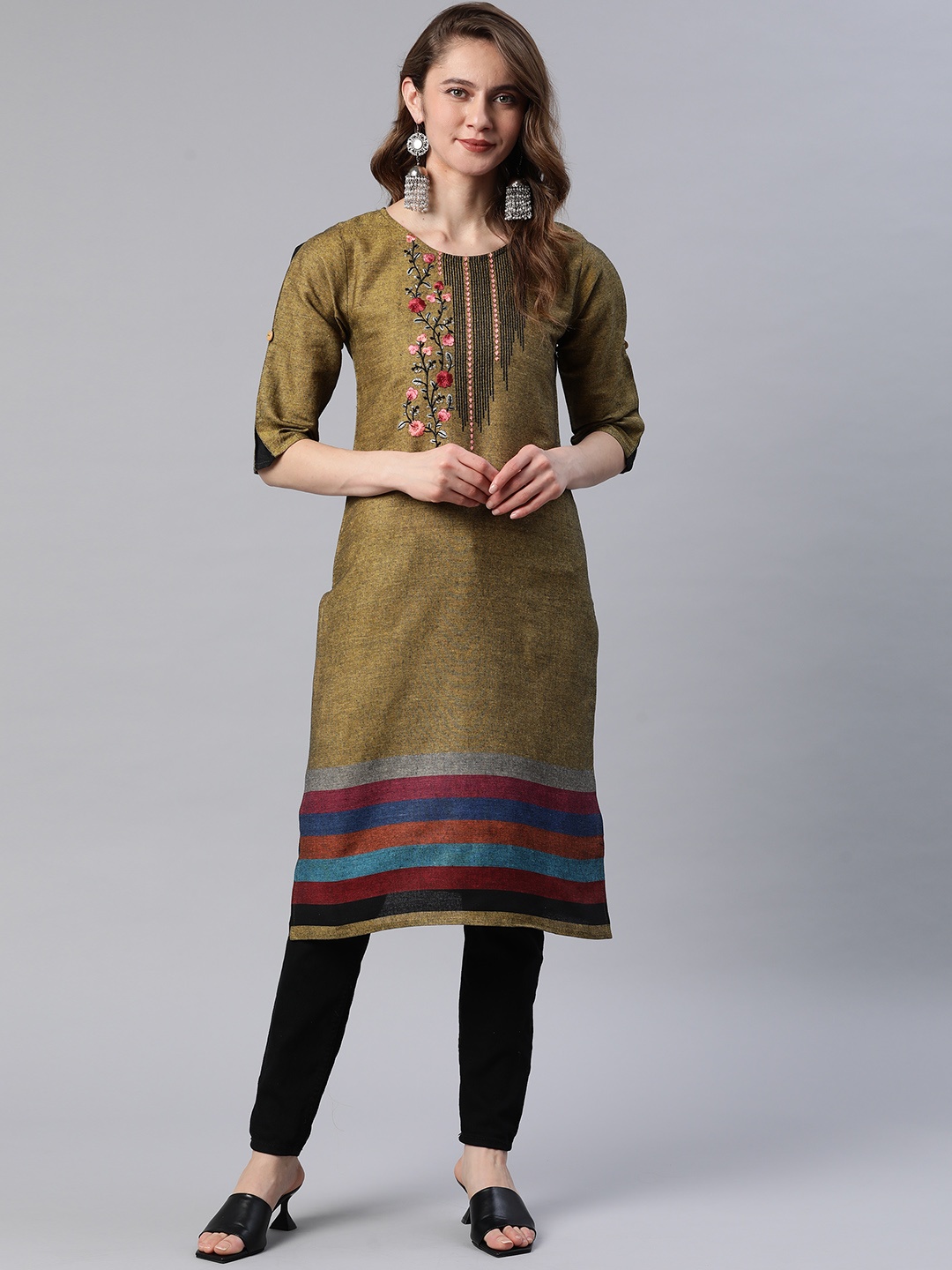 

Cottinfab Women Mustard Yellow Floral Yoke Design Kurta