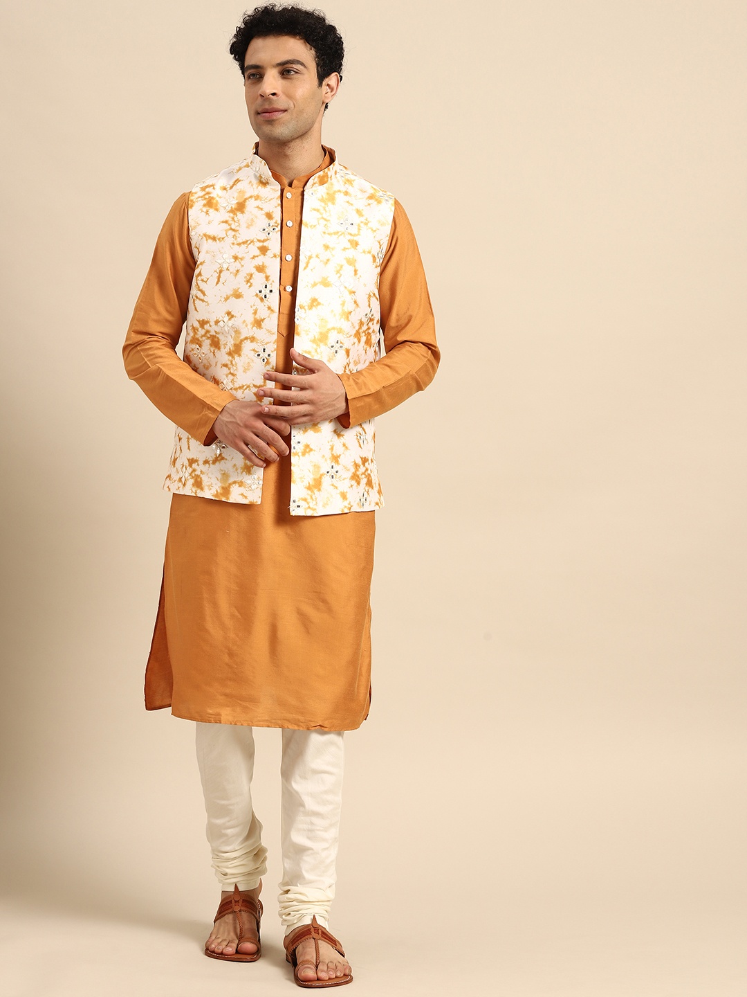 

KISAH Men Mustard Yellow Ethnic Motifs Printed Mirror Work Kurta with Churidar & Jacket