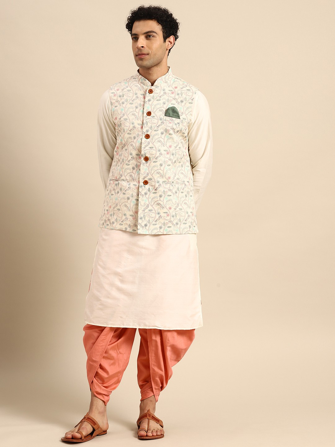 

KISAH Men White Solid Kurta with Dhoti Pants & Printed Nehru Jacket